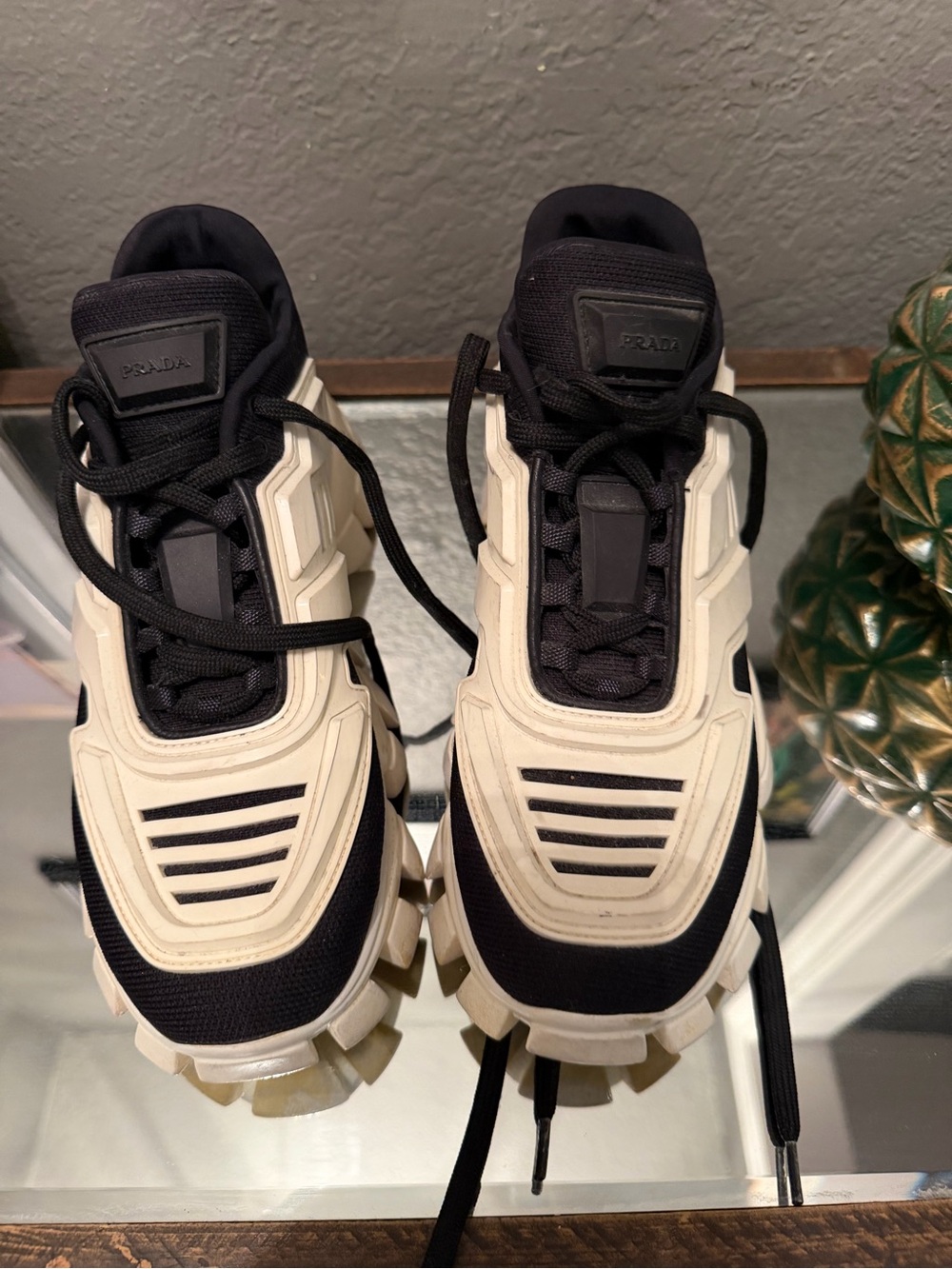 Prada Black and Cream Sculpted Sole Sneakers